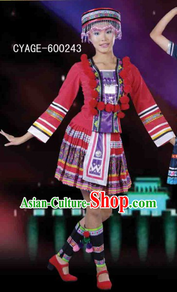 Traditional Chinese Miao Dance Dresses and Hat Complete Set for Men