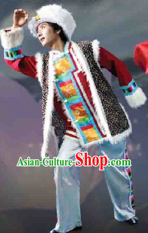 Traditional Chinese Tibetan Dance Dresses and Hat Complete Set for Men