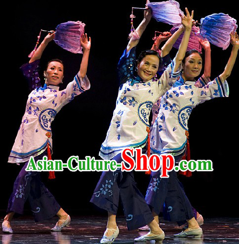 Chinese Classical Fan Dance Costume and Hair Accessories Complete Set for Women