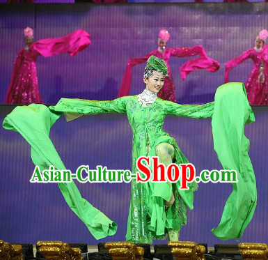 Traditional Chinese Adult Long Sleeve Dance Dress and Headwear Complete Set