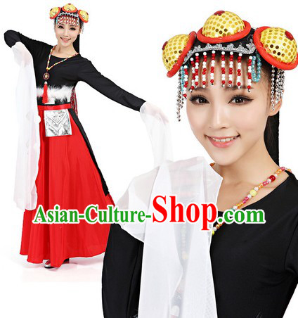 Black Tibetan Costumes and Headwear Complete Set for Women