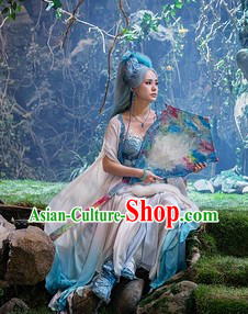 Ancient Chinese White Fairy Costumes and Long Wig Complete Set