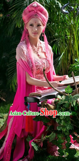 Ancient Chinese Pink Fairy Costumes and Long Wig Complete Set