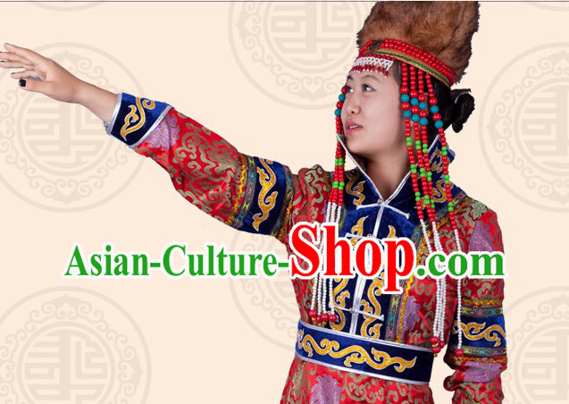 Traditional Chinese Ethnic Mongolian Long Robe and Hat for Women