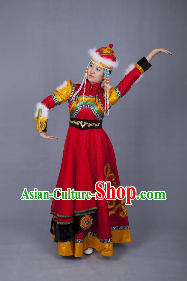 Traditional Chinese Ethnic Mongolian Wedding Dress and Hat Complete Set for Women
