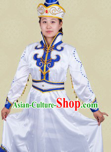 Traditional Chinese Mongolian White Stage Performance Dance Costume and Hat for Women