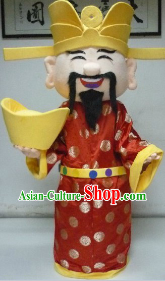 Traditional Chinese Red Cai Shen Costume and Hat Complete Set