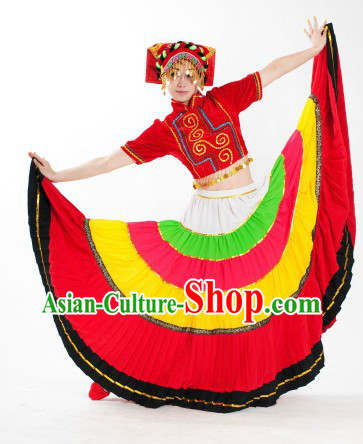 Chinese Folk Yi Minority Ethnic Dance Costumes and Hat for Women
