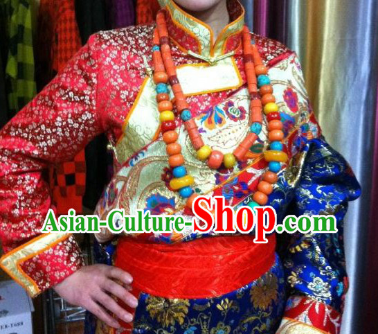 Traditional Chinese Red Tibetan Robe Complete Set for Ladies