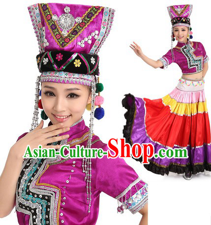 Chinese Yi Minority Dance Costume and Headpiece for Women