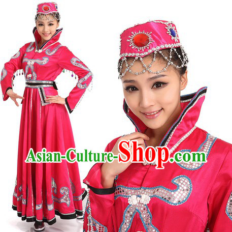 Pink Mongolian Dancing Costumes and Hat for Women