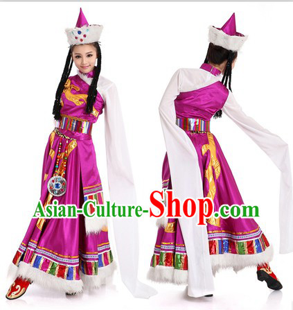 Purple Chinese Tibetan Minority Costume and Hat for Women
