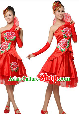 Chinese Red Peony Dance Costumes and Headpiece for Women