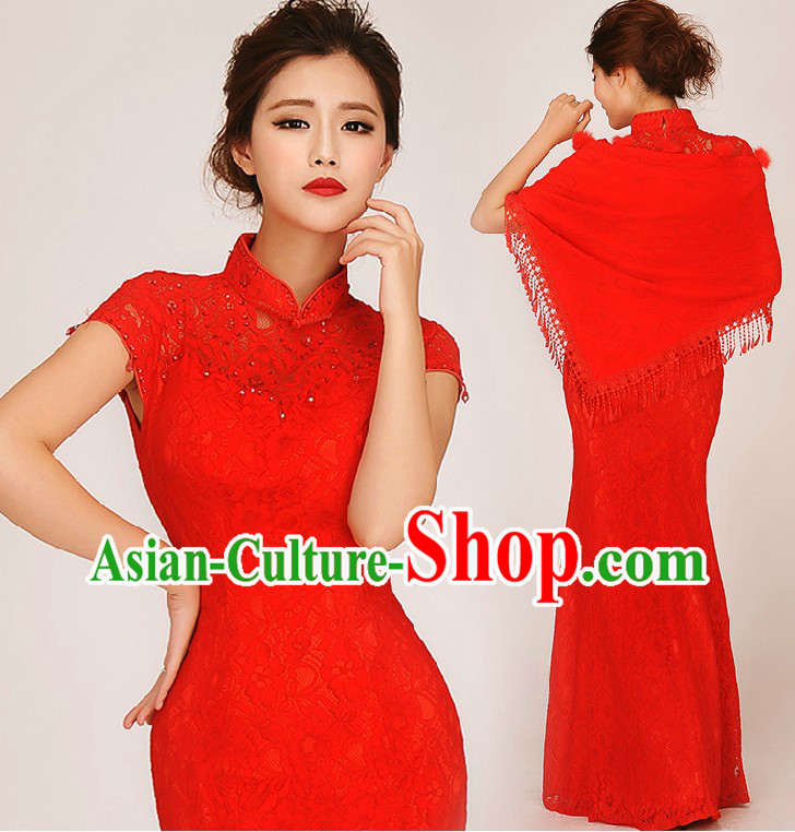 Traditional Red Fish Tail Cheongsam Wedding Dress for Brides