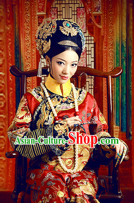 Qing Dynasty Imperial Empress Clothing and Crown Complete Set
