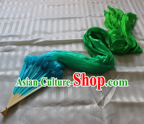 Handmade Blue to Green Colour Transition Long Silk Dance Fan