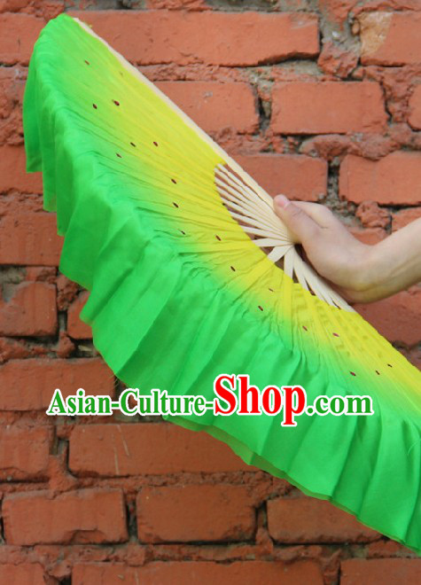 Handmade Yellow to Green Color Transition Pure Silk Dance Fan
