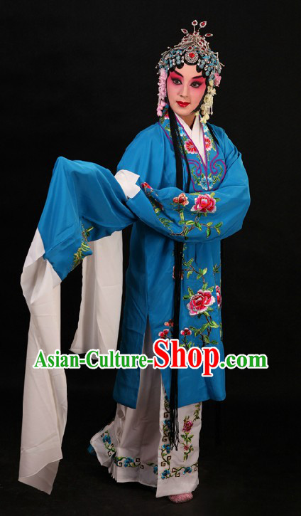 Blue Peking Opera Hua Dan Long Sleeve Robe and Skirt for Women