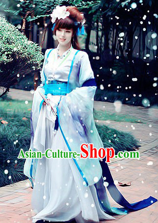 Ancient Chinese White and Blue Beauty Cosplay Costumes