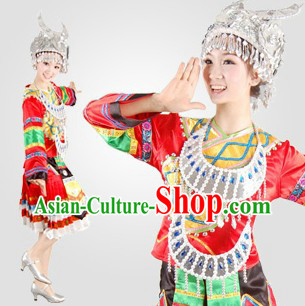 Traditional Chinese Miao Minority Dance Costumes and Hat for Women