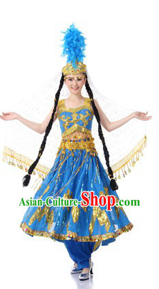 Traditional Chinese Xinjiang Minority Dance Costumes and Hat for Women