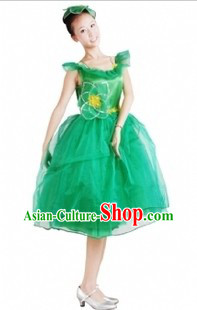 Traditional Chinese Green Leaf Dance Cotumes and Headdress for Women