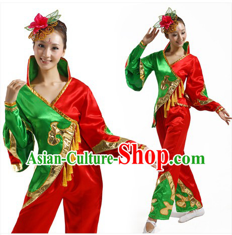 Traditional Chinese Fan Dancing Costume and Headpiece for Women