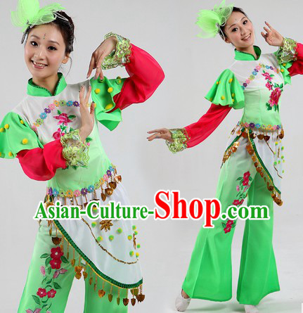 Traditional Chinese Group Dance Costumes and Headpiece for Women