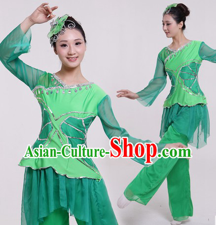 Traditional Chinese Green Fan Dancing Costumes and Headpiece for Women