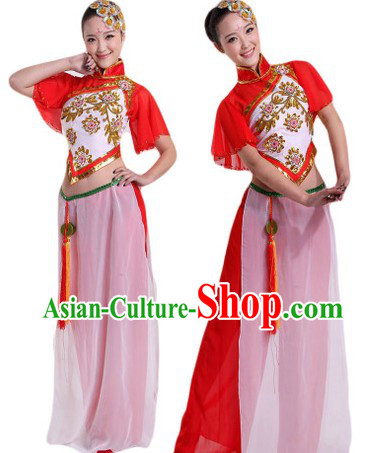 Traditional Chinese Group Dance Stage Performance Costumes and Headpieces