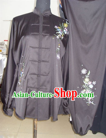 Traditional Chinese Black Long Sleeves Embroidered Flower Martial Arts Dresses