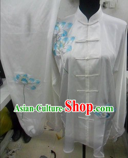 White Traditional Chinese Lotus Embroidery Long Sleeves Kung Fu Tai Chi Uniform