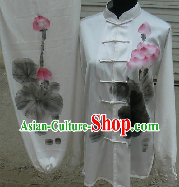 Traditional Chinese White Hand Painted Lotus Kung Fu Uniform