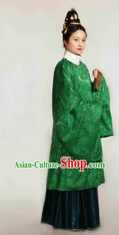 Ancient Chinese Ming Dynasty Green Robe Clothing Complete Set for Women
