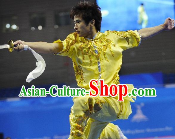 Yellow Short Sleeve Long Sword Kung Fu Contest Uniform for Men