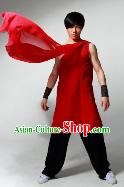 Red Sleeveless Wushu Robe and Black Pants for Men for Stage Performance
