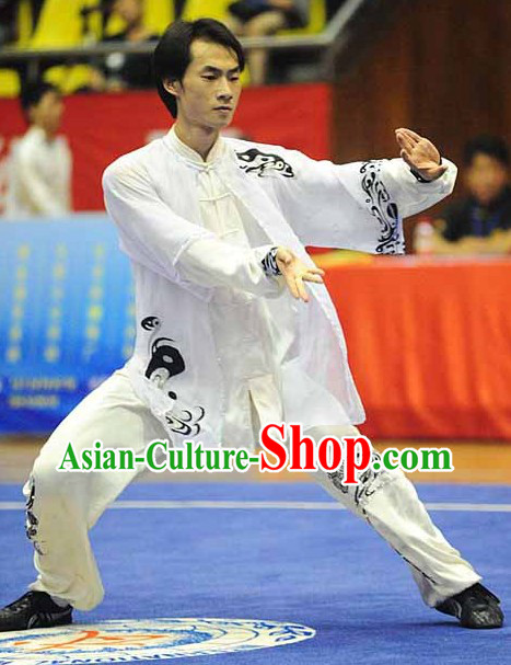 Long Sleeve White Yin and Yang Embroidered Pattern Kung Fu Dresses and Veil for Men