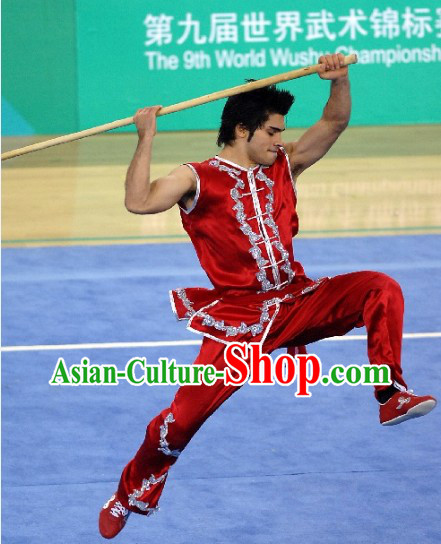 Red Short Sleeve Silk Kung Fu Martial Arts Training and Competition Clothing for Men