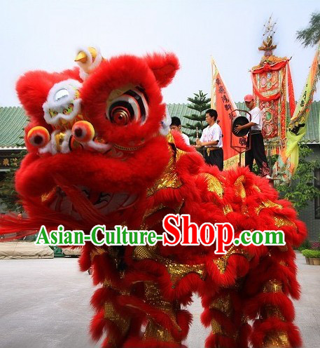 Supreme Red Natural Wool Grand Opening and Business Advertising Lion Dance Costume Complete Set