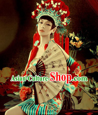 Chinese Peking Opera Phoenix Coronet, Fan and Dragon Robe Complete Set for Women