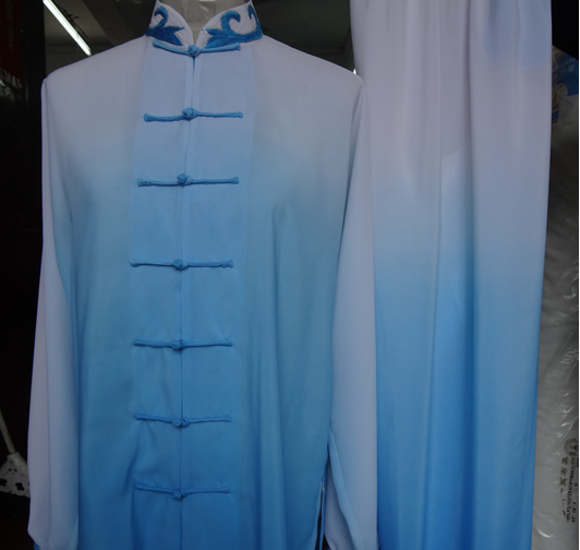 Traditional Chinese Blue Color Transition Silk Kung Fu Tai Chi Competition Uniform