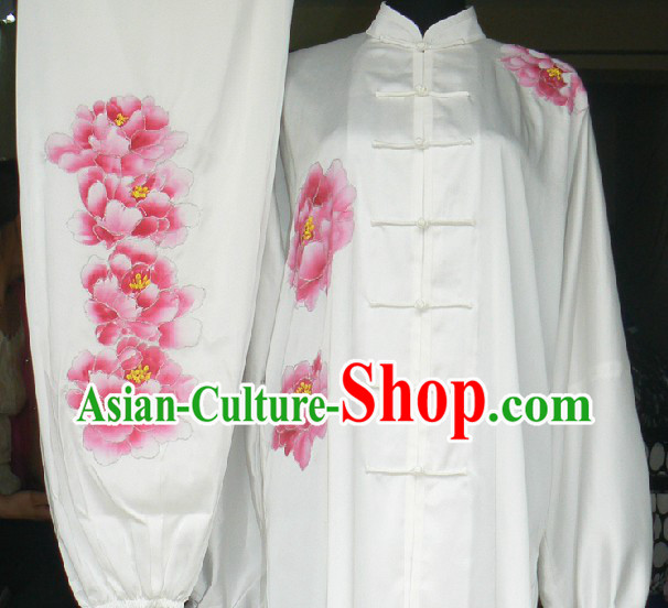 Traditional Chinese White Embroidered Peony Silk Tai Ji Outfit