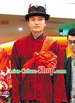 Traditional Chinese Bridegroom Wedding Blouse Hat Pants Complete Set