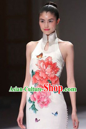 White Chinese Classical Short Cheongsam Evening Dress