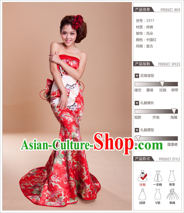 2013 New Design Long Tail Cranes Embroidery Wedding Evening Dress Attire