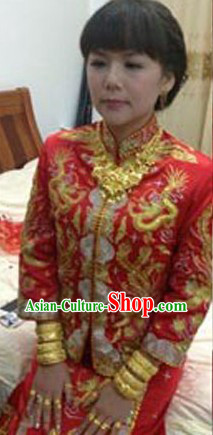 Traditional Chinese Wedding Dragon and Phoenix Wedding Blouse and Skirt