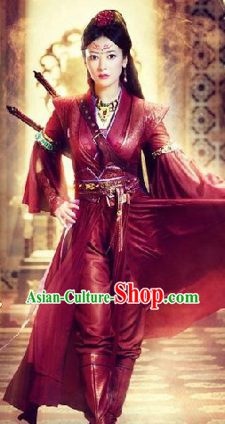 Ancient Chinese Red Swordswoman Knight Costumes