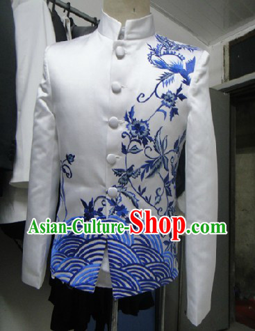 Traditional Chinese White and Blue Embroidery Wedding and Performance Blouse