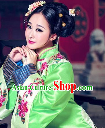 Green Traditional Chinese Manchu Embroidery Robe for Ladies