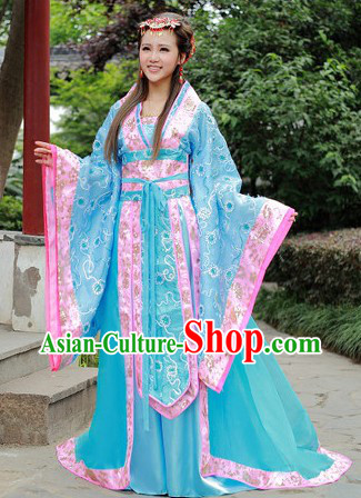 Blue Flower Traditional Ancient Chinese Tang Dynasty Empress Outfit for Women